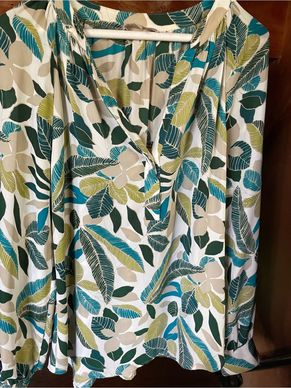 Banana Republic Teal, Olive & Cream Leaf-Print Blouse